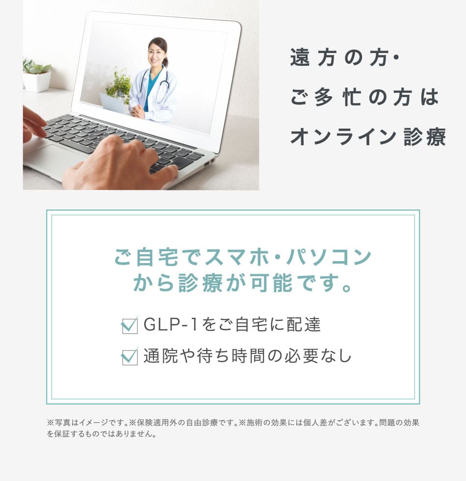 遠方の方・ご多忙の方はオンライン診療 ご自宅でスマホ・パソコンから診療が可能です。 GLP-1をご自宅に配達 通院や待ち時間の必要なし